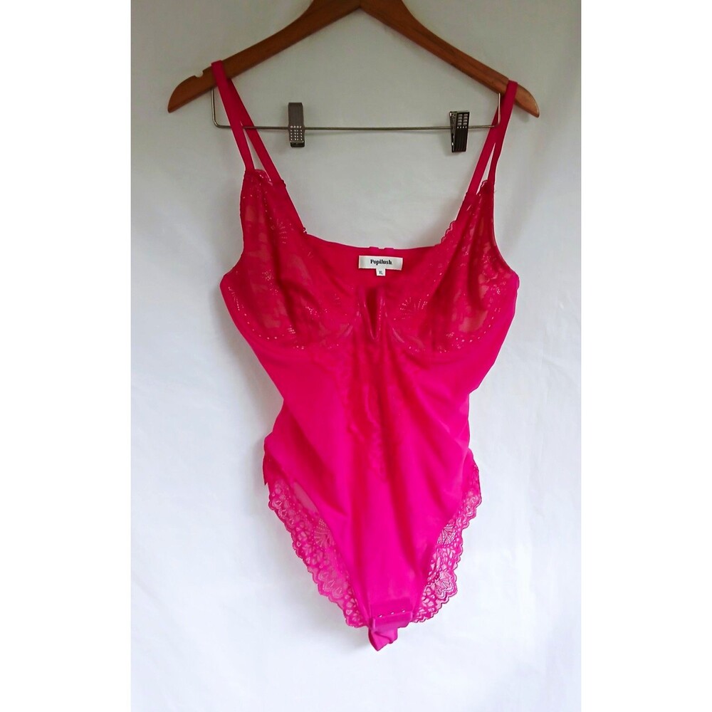 Popilush Red Lace Bodysuit, Adjustable Straps Sheer, XL